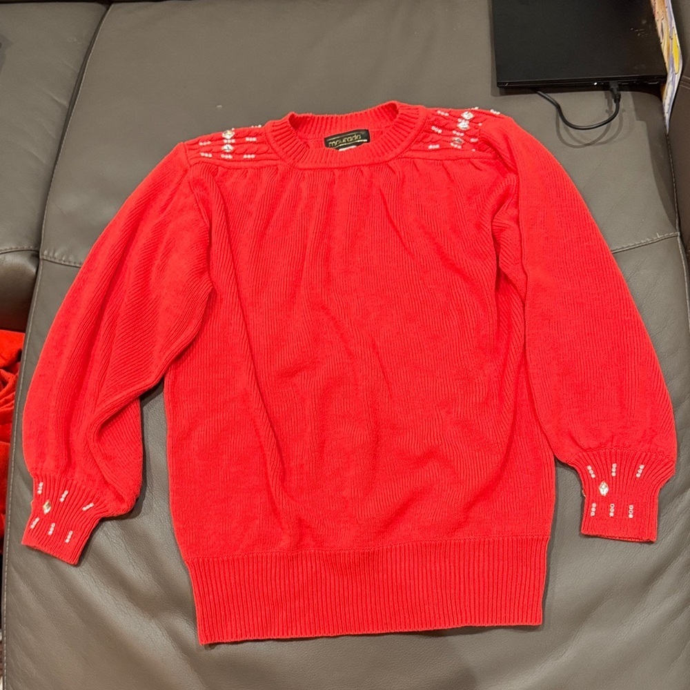 Maurada Chic Red Sweater with Jeweled Accents size Large